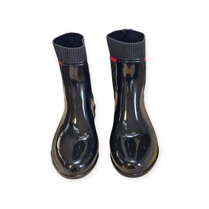 Coach Rivington Rubber Rain Boots Size 7 Black Red Knit Logo Trim Pull-On